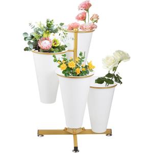 Flower Display Stand with 4 Bucket,Floral Stand with Foldable Frame for Silk Fresh Flowers,4 Tier Florist Shelf Plant Cart for flower shop Garden Living Room,Easy to Install (Gold Shelf+ White Bucket)