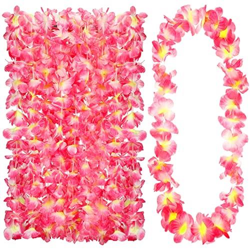 24 Counts Hawaiian Leis Necklace Tropical Flower Lei Floral Luau Party Decorations Hawaiian Flower Luau Necklaces Hula Dance Garland Headbands for Beach Birthday Wedding Party (Pink)