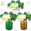 Gejoy 3 Pack St. Patrick's Day Table Decor Mason Jar Table Centerpiece with Shamrock Flower Bouquet Spring Tiered Tray Decor Tabletop Display Vase Faux Green Artificial Plants for Irish Party Supply