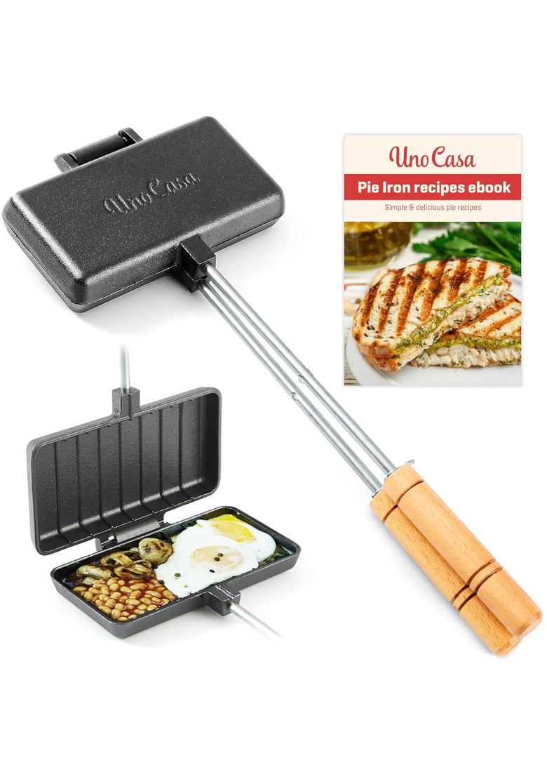 Uno Casa - XL Pie Irons Cast Iron Sandwich Maker - Mountain Japanese Sandwich Maker with Recipe Book - Durable Campfire Cooking Equipment for Toasted Pies, and More