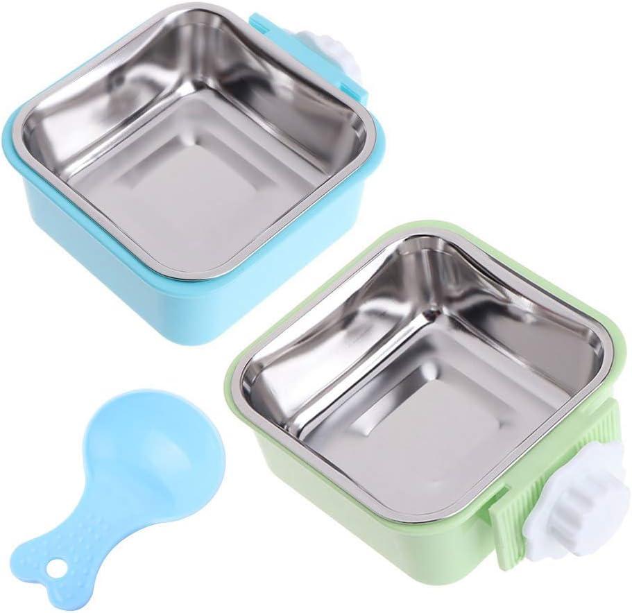Crate Dog Bowl, Removable Stainless Steel Water Food Feeder Bowls Hanging Pet Cage Bowl Cage Coop Cup for Dogs Cats Puppy Rabbits Bird and Small Pets (Small (Pack of 2), Square (Blue+Green))
