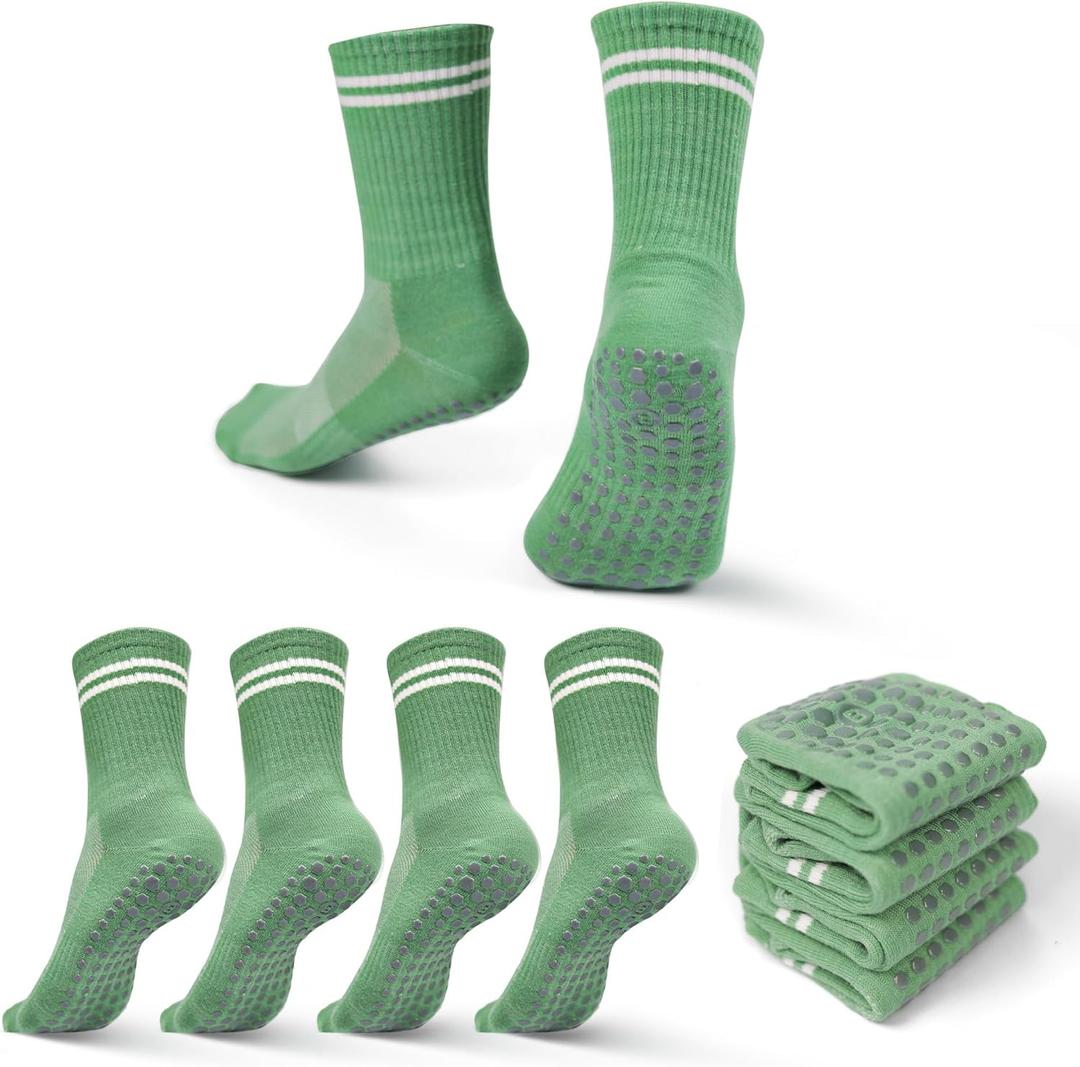 Pilates, Yoga Socks with Non Slip Grips for Women, Crew Grip Sock for Barre Shoes, Pilates Outfit Pack of 4 (Green)