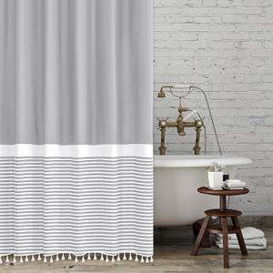 Seasonwood Grey Shower Curtain Modern Fabric Shower Curtains White Tassels Farmhouse Shower Curtains Striped Shower Curtain Waterproof 72x72 Inch