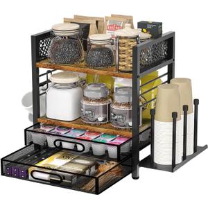 Coffee Bar Organizer - 4 Tier Coffee Station Organizer for Countertop, Coffee Bar Storage with 4 Hooks, with K Cup Storage Drawer and Cup Holder, Multifunctional Shelf for Accessories Kitchen