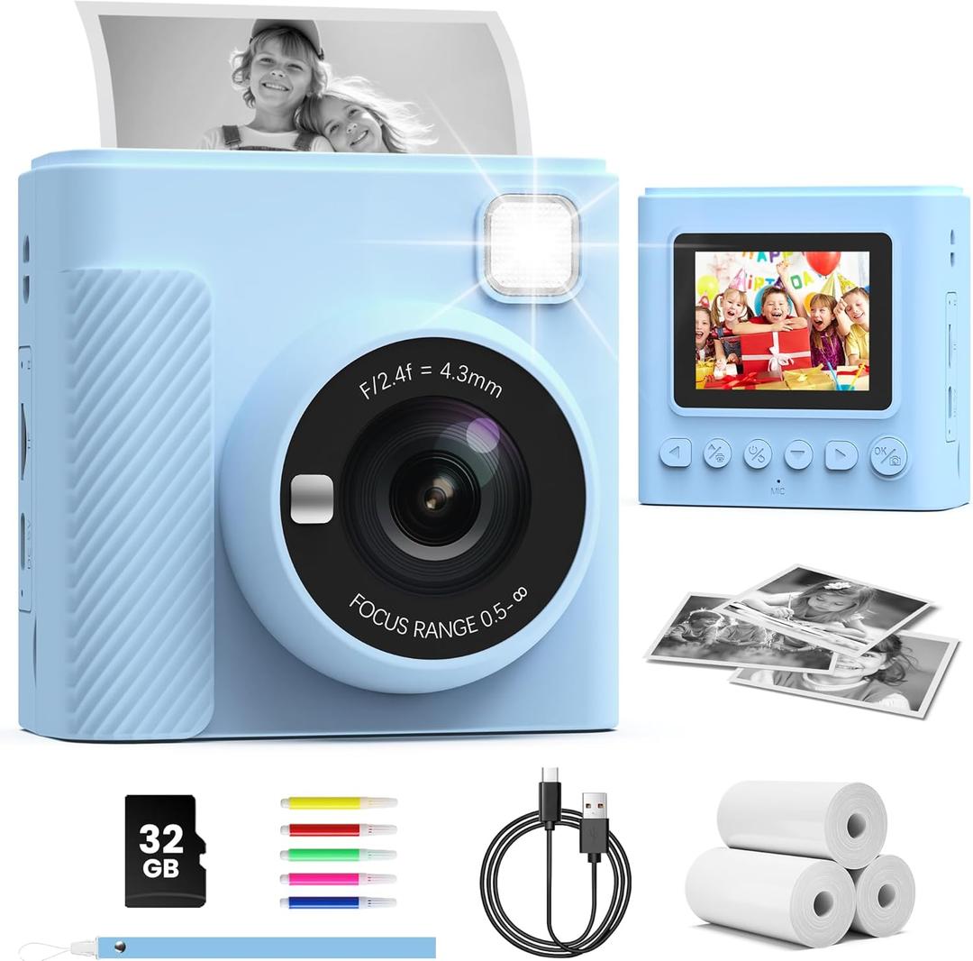 TIATUA Kids Instant Print Camera, Christmas Birthday Gifts for Girls and Boys, 1080P HD Video Digital Kids Camera with Print Paper & 32G Card, Toddler Toy for 3-14 Years Old (Blue)