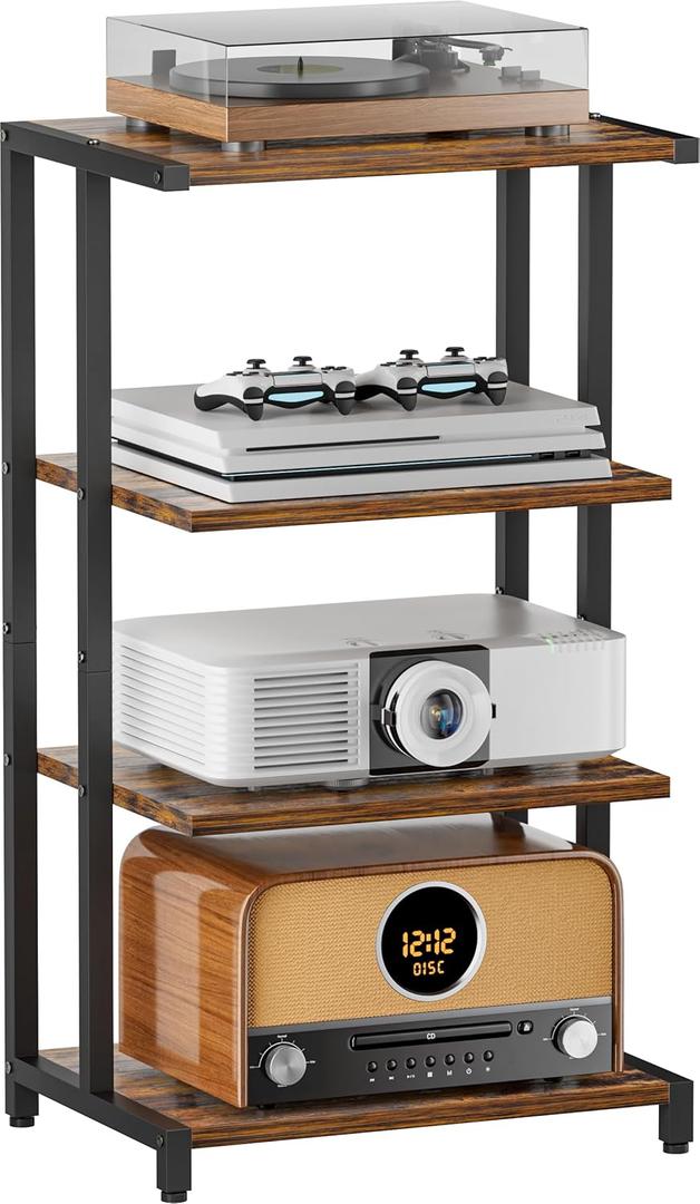 4-Tier Media Storage Stand, Audio Media Rack for Living Room, Gaming Room, Music Studio, Wooden Game Console Shelf for TV Accessories/Audiovisual Equipment/Optical Disc/PS4, Black