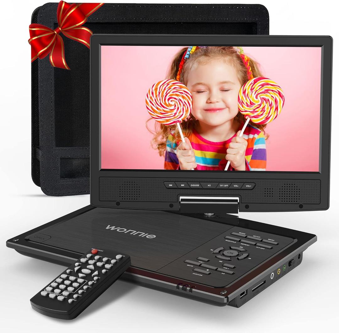 WONNIE 12.5" Portable DVD Player Car Headrest Video Player with 10.5" Swivel Screen, 5-Hours Rechargeable Battery, Car Headrest Holder, Dual Speakers, Support USB/SD Card/Sync TV, All Regions (Black)