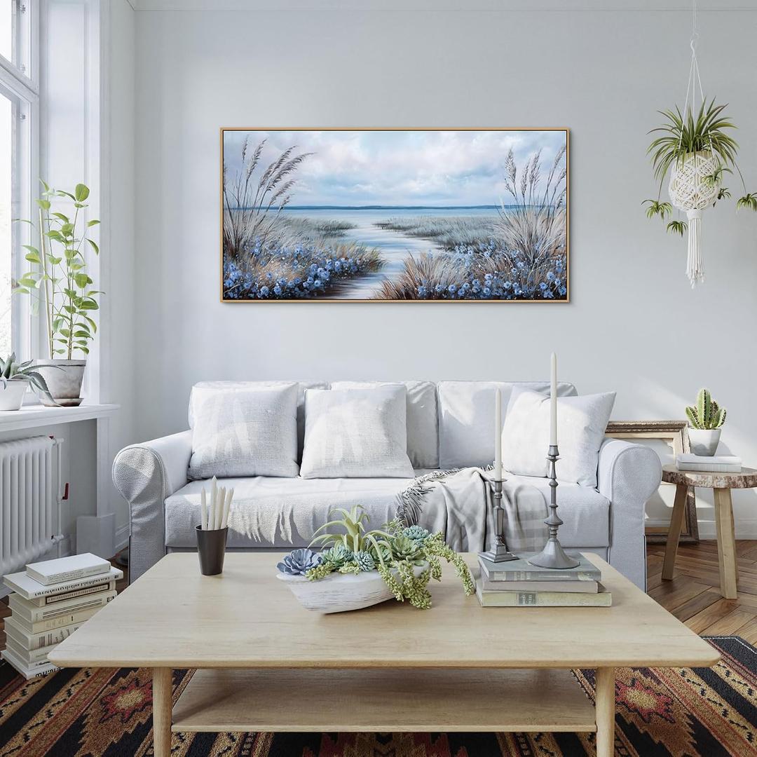 KLAKLA Beach Wall Art - Blue Large Canvas Art Living Room Wall Decor Sea Wave Picture Artwork Modern Bedroom Office Home Decor - 58x29 Inches