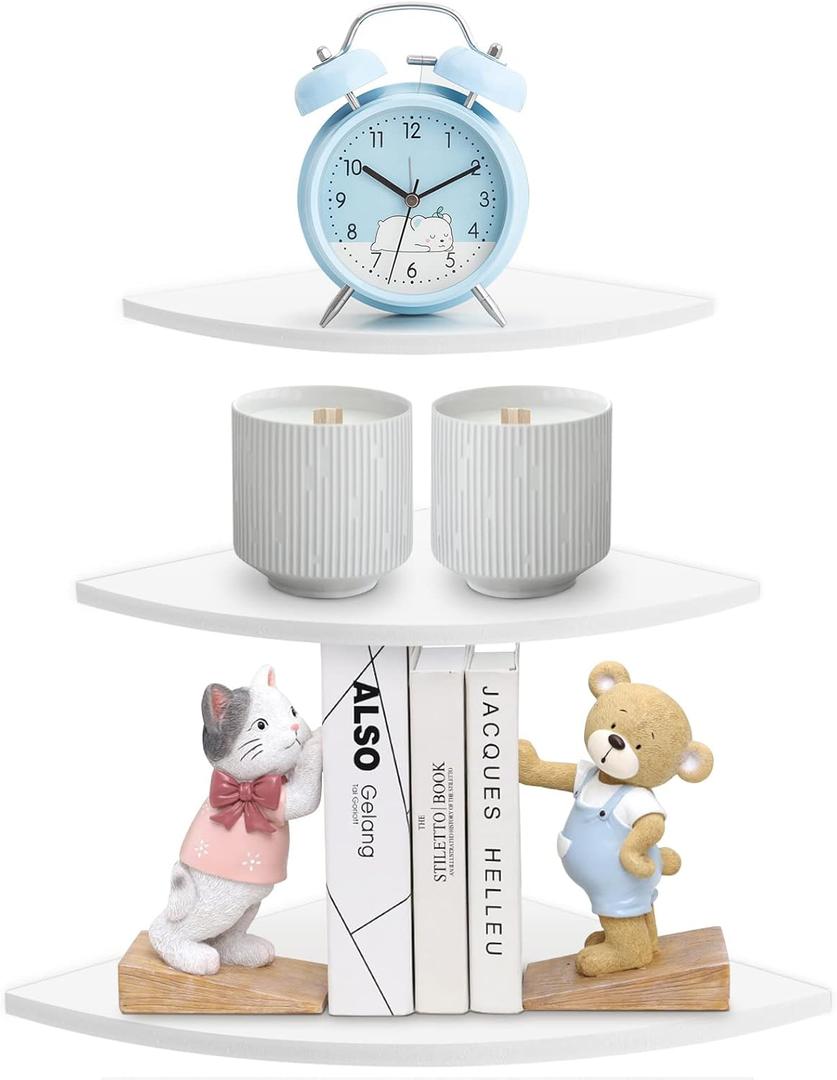 Greensen Floating Corner Shelf 3 Tiers Wall Mounted Shelves Radial Shape for Home Decor Bedroom Living Room Bathroom Kitchen Office, White