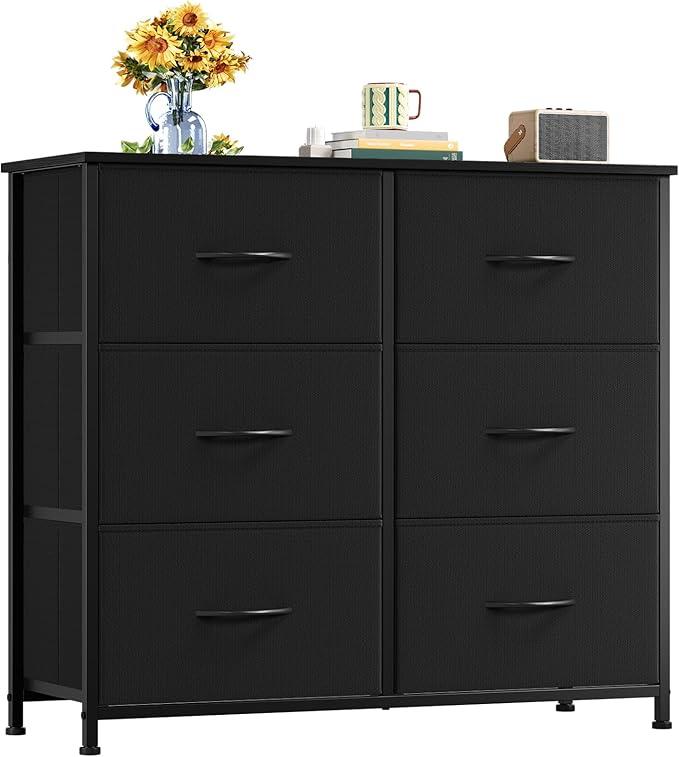 Somdot Dresser for Bedroom with 6 Drawers, Wide Storage Organizer Chest of Drawers with Fabric Bins for Living Room Closet Kids Bedside Nursery Laundry Entryway, Black