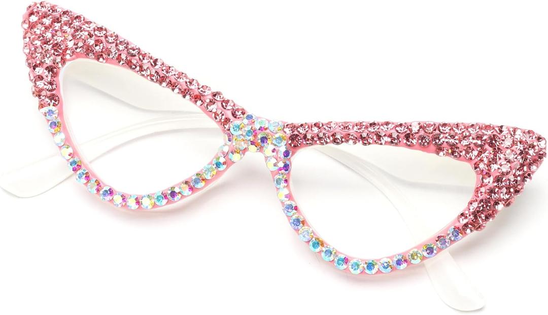 ICARA Sparkling Crystal Rhinestone Cat Eye Reading Glasses for Women Anti Blue Light Trendy Diamond Reader (Pink/Ab)