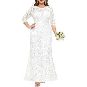 Pinup Fashion Plus Size Wedding Dress for Bride - Formal Evening Gown Party Lace Mermaid Dresses ( SIZE 18W, WHITE )