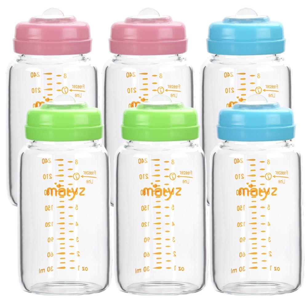 Matyz Glass Breastmilk Storage Bottles, 6 Pack, 8 oz, Compatible With Spectra Medela Breast Pump - Freezer Safe Storage Bottles Set - Wide Mouth Breastmilk Storage Containers - BPA Free (3 Color Lids)