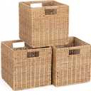 10.5 x 10.5 in Plastic Wicker Baskets for Cube Storage, Collapsible Square Wicker Storage Basket Set of 3, Rattan Storage Cube, Square Baskets for Shelves - Khaki