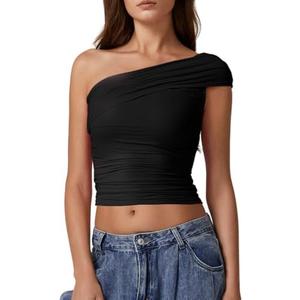 QINSEN Womens Sleeveless Foldover Top Double Lined One Shoulder T Shirts Summer Trendy Going Out Crop Tops S, Black