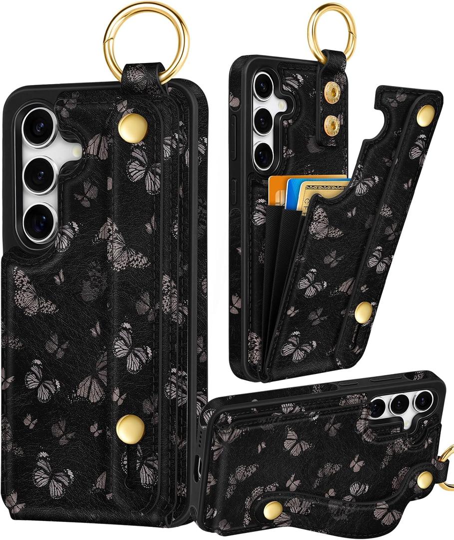 Petitian for Samsung Galaxy S25/S24 Case with Wallet - Women Girls Cute Girly Aesthetic Unique Design Leather Credit Card Holder Cardholder Stand Wristband for S25/S24, Black Butterfly