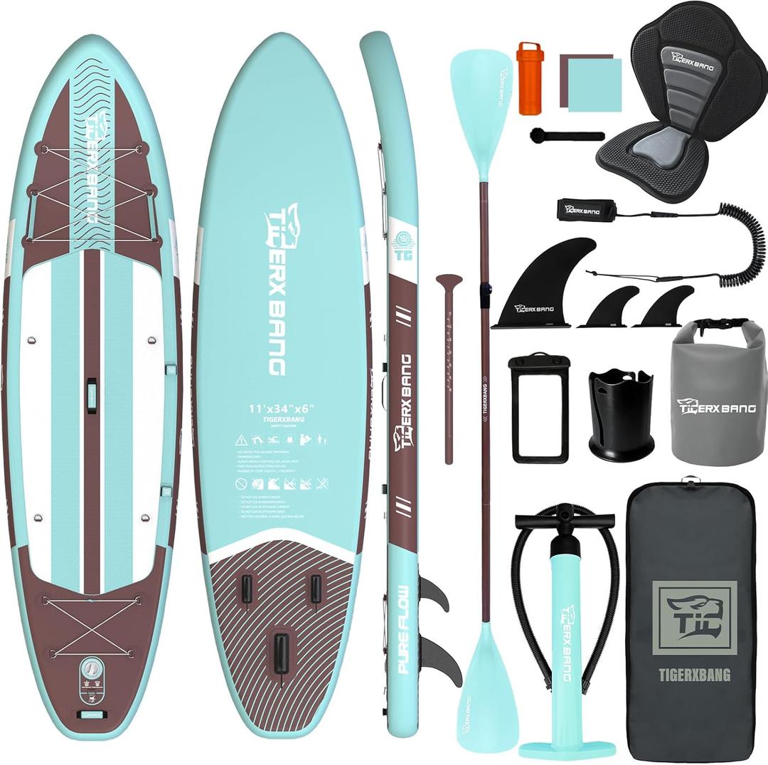 TIGERXBANG Inflatable Paddle Board with Kayak Seat, 11'x34 Wide SUP Board for Adults 500lbs Capacity, Blow Up Stand Up Paddle Board with Accessories, Perfect for Lakes, Rivers & Ocean, Blue