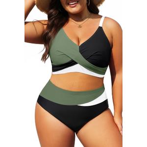 Tempt Me Plus Size Two Piece Swimsuit - Green White Black Women High Waisted Bikini Set Tummy Control Bathing Suits 14 Plus