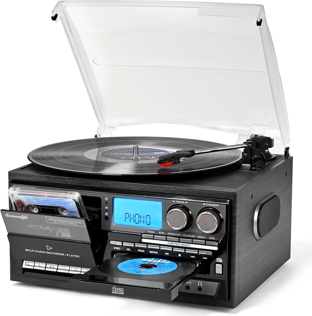 Vinyl Record Player Built-in Speakers 10 in 1 Vintage Turntable with CD Cassette Tape AM FM Radio Function 3 Speed BT Input Output LP Player Support USB SD AUX RCA Playback Auto Stop Retro Wood Black
