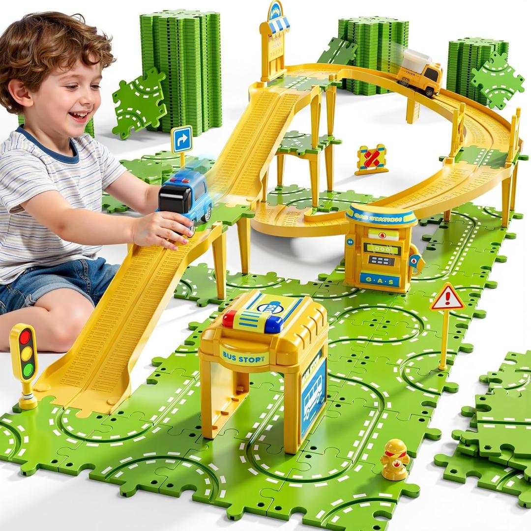 3-Tier Large Puzzle Race Car Track Set for Kids 3-5, Puzzle Tracks Car Play Set, Race Tracks Toys for Toddler Boys 3 4 5 6 Year Old, Birthday Gifts for Kids 3 4 5 6 7 8 Year Old Boys Girls