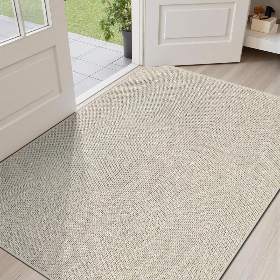Ultra Thin Indoor Door Mat 36"x59", Washable Door Mat Indoor Entrance, Non Slip Rubber Backing Doormat Low-Profile Inside Entryway Mat, Unique Herringbone Design Entry Mat, Khaki (FOLD) (90x150cm)