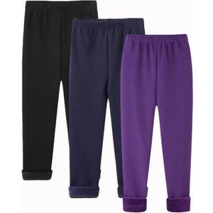 StyleSavvy Girls Winter Leggings Thick Cotton Fleece Lined Girls Pants Warm Stretchy Thermal Tights Pants (3pcs-black/Navy/Purple) 10Y