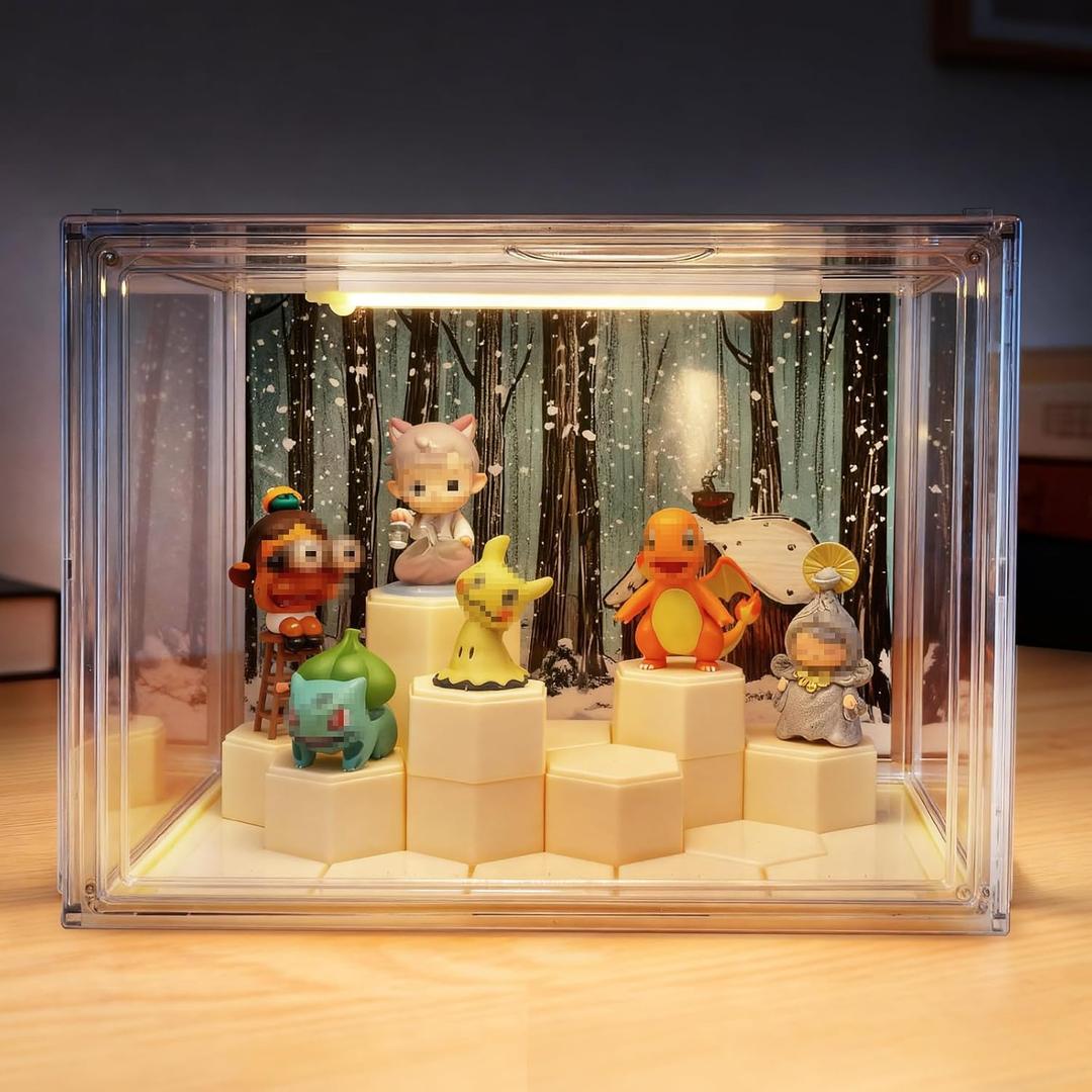Clear Acrylic Display Cases for Collectibles with LED Light,DIY Scene, with Backdrop, No Dust , No Moisture, for Figures Collection Display Cabinet (27*17*22cm/10.66.78.6 in)
