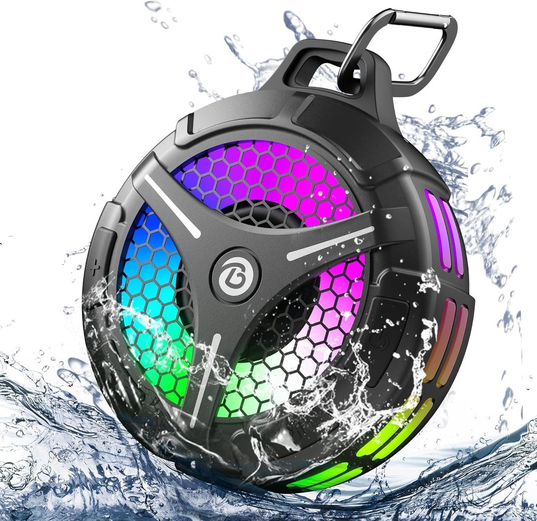 Waterproof Bluetooth Shower Speaker with Suction Cup, IPX7 Bathroom Speaker, 15W Loud Stereo Sound, Deep Bass, TWS Pairing, RGB Lights, Portable Speaker Gift for Men & Women