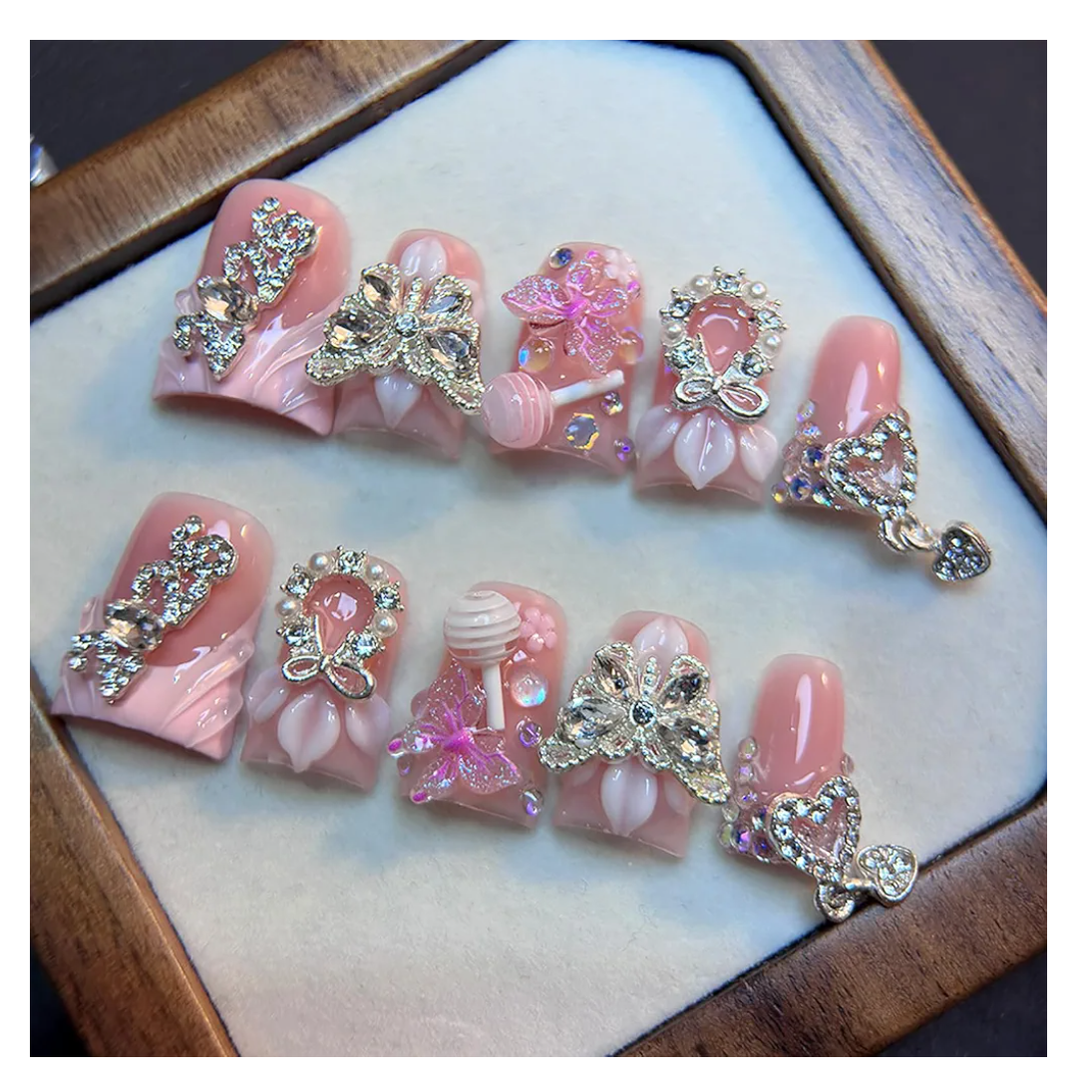 10Pcs Pink Duck Press on Nails Handmade Fake Nails 3D French Tip False Nails with Glitter Butterfly Flower Rhinestone Design Cute Acrylic Nails Press ons Artificial Holiday Glue on Nail for Women (S)