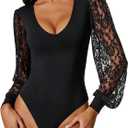 Avidlove Womens Long Sleeve Bodysuit Double Lined V Neck Lace Puff Sleeves Going Out Top Shirts Thong Leotard Body Suit (Large, Black)