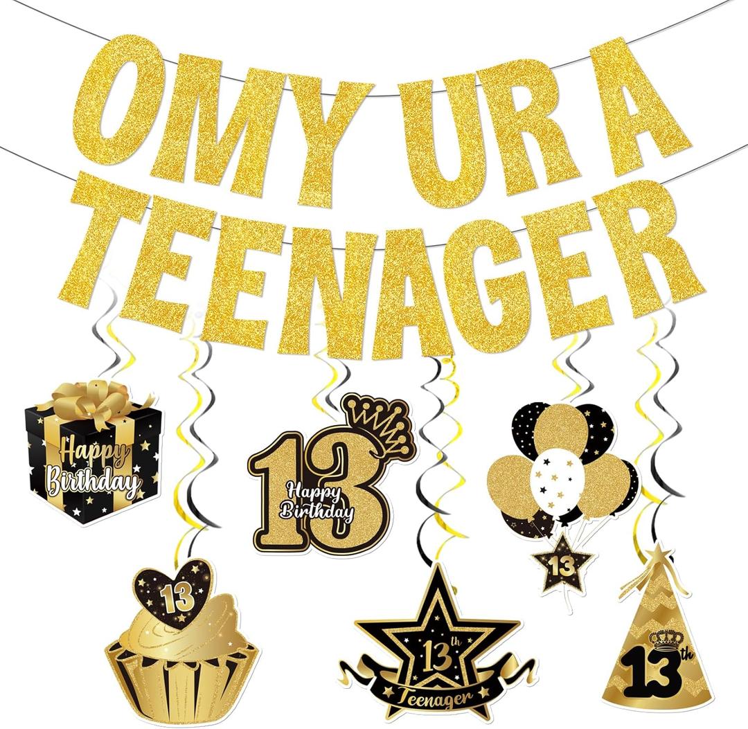 2 x Omy Ur A Teenager Gold Glitter Banner, 13 Birthday Girl Decorations, Teenager Birthday Banner, 13th Birthday Decorations For Girls