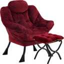 Lazy Chair with Folding Ottoman,Leisure Sofa Chair,Soft Fabric Armchair with Armrests and Side Pockets, Reading Chair with Footrest for Living Room, Bedroom, Office (Plush Red), 33.5 x 22.8 x 38.6 