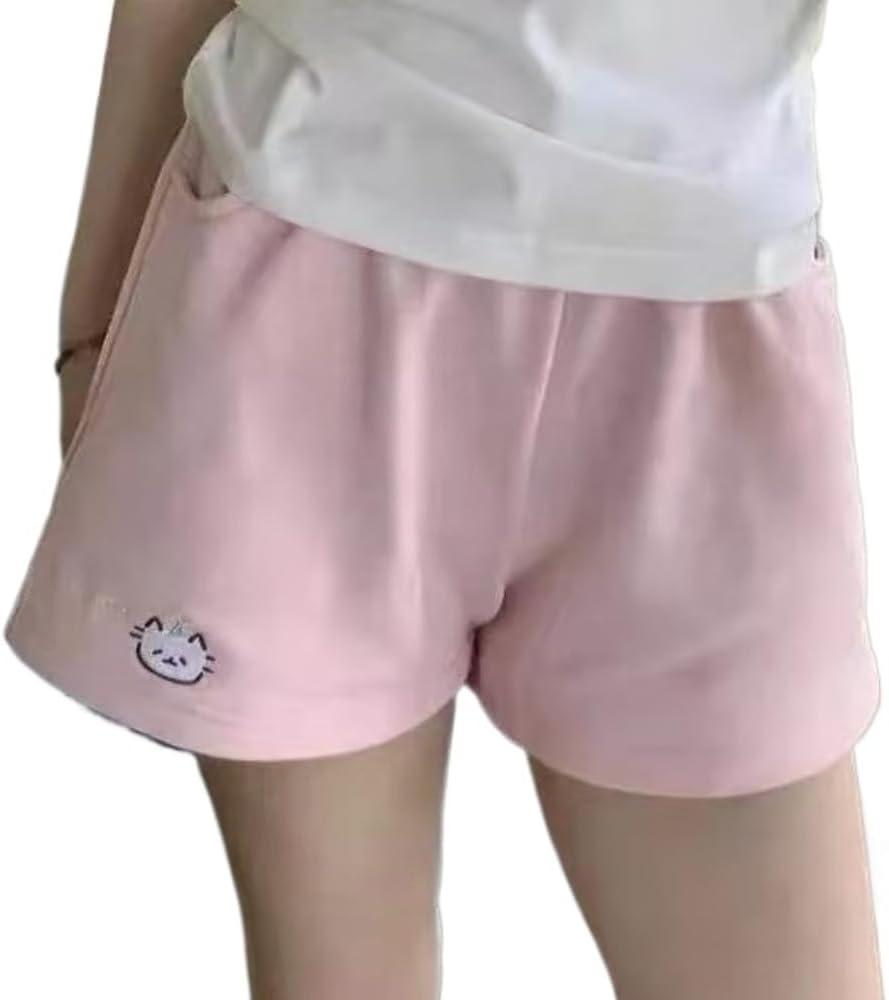 Cute Cat Kawaii Y2K Shorts for Women Teen Girl with Pockets and Elastic Waistband Activewear Streetwear Shorts (Small,Pink)