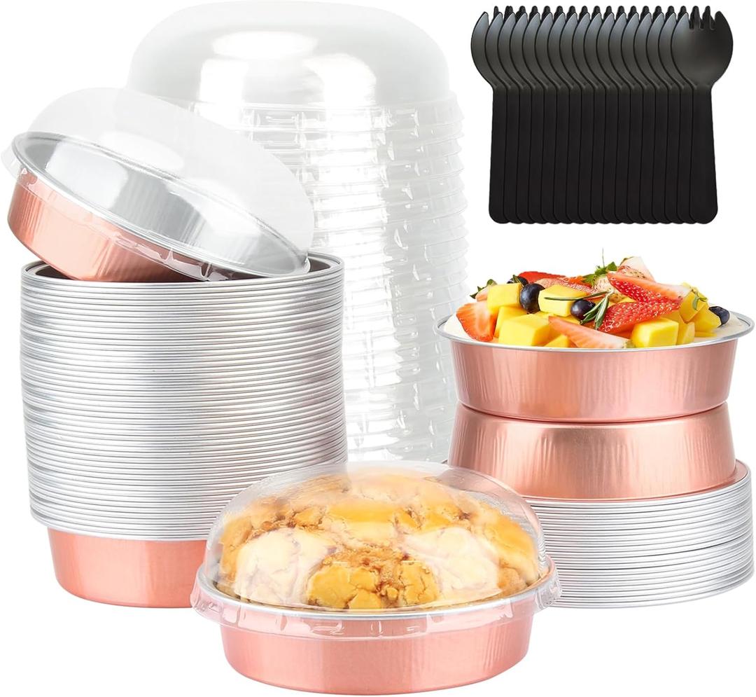 LNYZQUS 8oz Mini Cake Pans with Lids 50 Pack, 4 Disposable Small Pie Pans Aluminum Foil Baking Tins Ramekins,Small Baking Pans Muffin Containers Holders for Wedding Party-Champagne