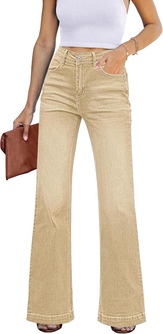 GRAPENT Womens Flare Jeans High Waisted Wide Leg Baggy Jean for Women Stretch Denim Pants (X-Small, Pale Khaki)