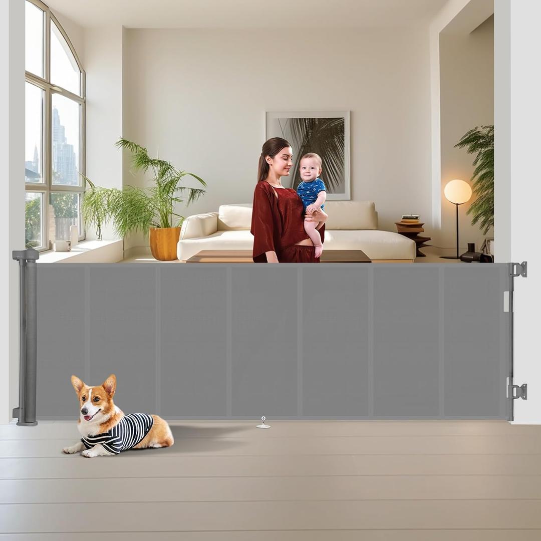 Upgraded 150 inch Retractable Baby Gates Extra Wide with Reinforced Strip Design to Prevent Crawling Through, 42" Extra Tall Retractable Gates, 12 FT Retractable Dog Gate for Indoor/Outdoor (Gray)