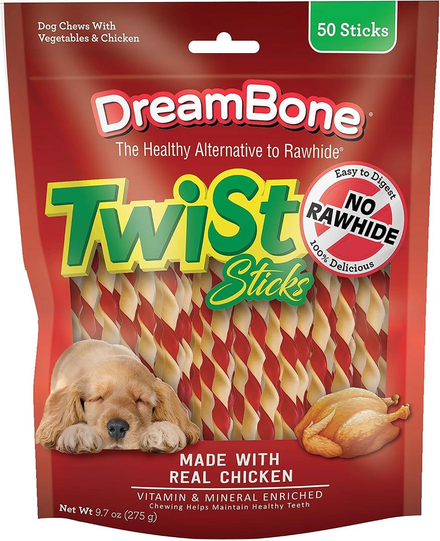 DreamBone Twist Sticks Chews for Dogs, Treat Your Dog to Easy-to-Digest Rawhide-Free Chews Made with Real Vegetables and Chicken, 50 Count (EXP 10/17/27)
