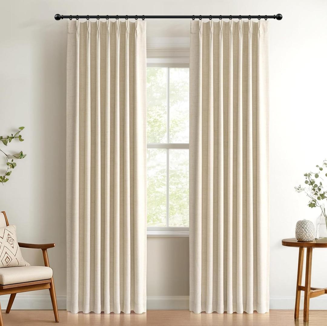 100% Blackout Shield Linen Look Textured Pinch Pleated Curtains Blackout Drapes 102 Inch Long 2 Panels Set, Faux Linen Blackout Curtains for Bedroom & Living Room, 40" W x 102" L, Cream