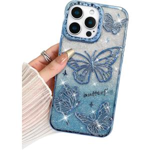 BITOBE Designed for iPhone 16 Pro Max, Cute 3D Butterfly Case Slim Plating Glitter Bling Luxury Cover for Women Girls Protective Camera Protection Bumper 6.9" Blue