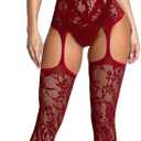RSLOVE Women Fishnet Bodystocking Attached Stockings Sexy Lingerie Crotchless Bodysuit One Piece Babydoll One Size (Wine Red)