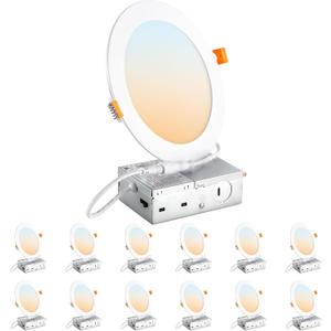 DLLT LED Recessed Ceiling Lights: 12 Pack 6 Inch 5CCT Ultra-Thin Lighting with Junction Box for Bedroom - 1200LM Brightness 12W Eqv 110W Dimmable Canless Wafer Downlight with ETL&FCC