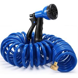 Therwen 25 ft Heavy Duty EVA Recoil Garden Hose Curly Water Hose with 8 Pattern Spray Nozzle and Brass Connectors for Garden Watering Cars Washing(Blue)