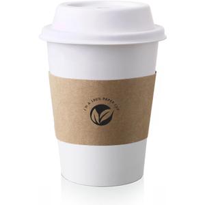 KTOB [50 pack] 12 oz Compostable Coffee Cups with Lids and Kraft Sleeves, Eco Friendly Disposable White Paper Cups Combo for Hot Beverage