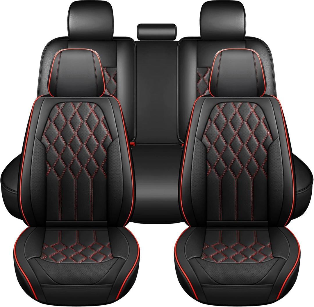 Huidasource Car Seat Covers, Leather Auto Seat Cushion Cover Universal Fit for Most Cars Sedan SUV Pickup Truck, Fit for Honda Civic Nissan Compass Sentra Focus Explorer(Full Set/Black&Red)