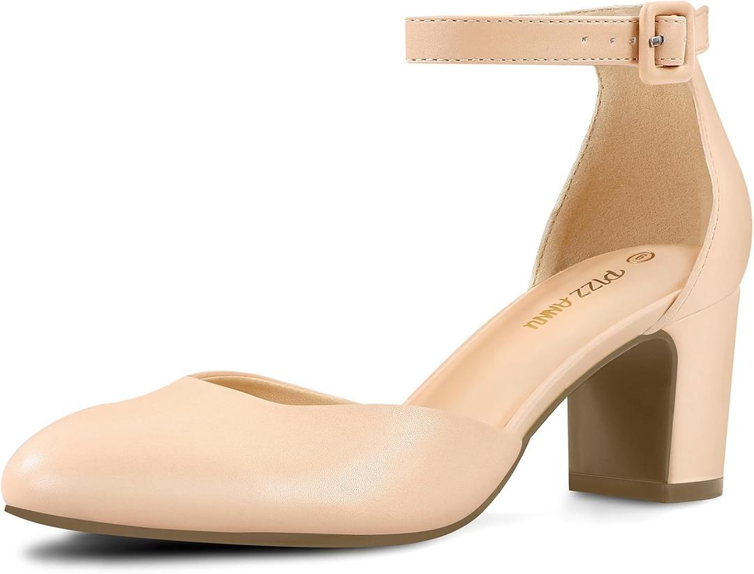 PIZZ ANNU Women's Gilaa Closed Toe Low Chunky Heels Pumps Ankle Strap Wedding Business Round Toe Block Dress Shoes (6.5, Nude)