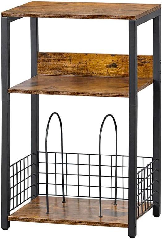 Side Table with Storage Basket, 3-Tier End Table with Metal Frame, Storage Rack