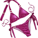 Shiny Bikini Sets for Women Sexy Halter Strappy Patchwork Triangle Tops & Bottoms & Headwear 3PC Swimsuits for Beach Party, Size S