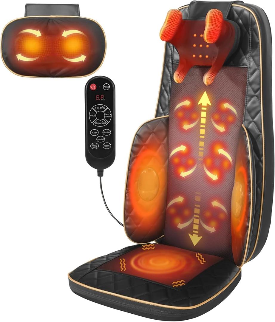 Neck and Back Massager with Heat - Shiatsu Full Back Walking Massager with Deep Kneading & Seat Cushion Vibration for Chair and Home, Pain Relief, Dual-Neck Detachable and Height Adjustment (Black)