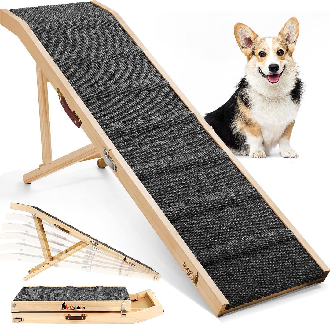 Dog Ramp for Bed, L64 W17 Foldable Pet Ramp for Small Large Dogs Cats, Dog Ramps for High Beds Car, High Traction with Platform 6 Adjustable Heights 24" to 30" Up to 220LBS (Black, 64"X 17")