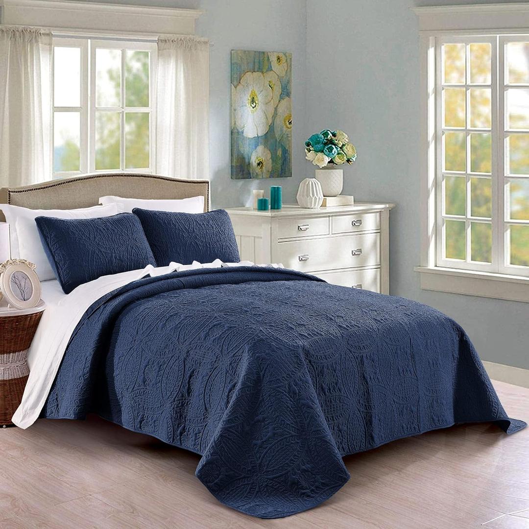Quilt Set King/Cal King/California King Size Navy - Oversized Bedspread Soft Microfiber Lightweight Coverlet for All Season - 3 Piece includes 1 Quilt and 2 Shams Geometric Pattern